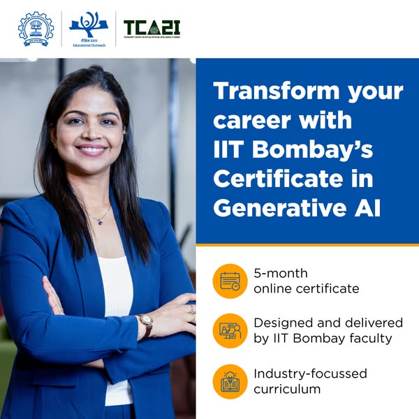This image ad promotes IIT Bombay's Certificate in Generative AI. It features a smiling woman in a professional sett