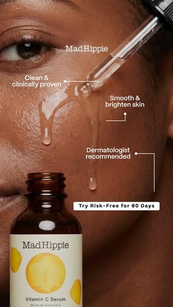 This ad highlights the benefits and features of Mad Hippie Vitamin C Serum, showing its application and emphasizing its 