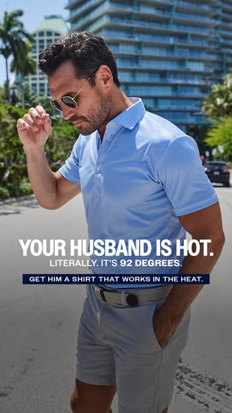 The ad features a man wearing the advertised shirt and is targeted towards his wife.