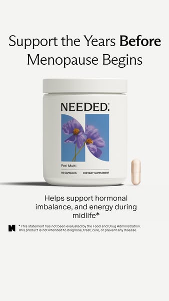 This ad promotes Needed.'s Peri Multi supplements for women in midlife, supporting hormonal balance and energy.