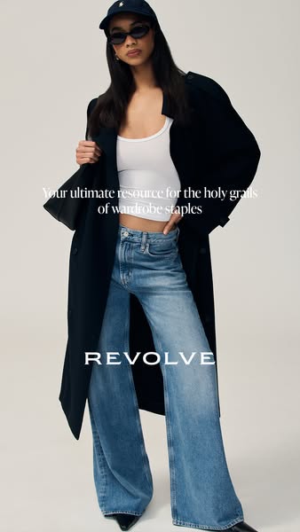 This ad features a model showcasing a REVOLVE outfit, highlighting the brand as the ultimate resource for wardrobe stapl
