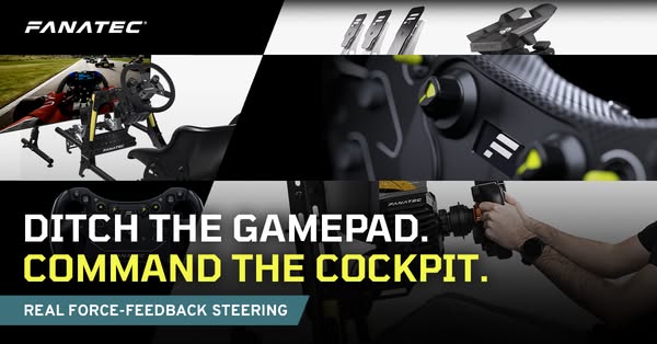 This image ad for Fanatec suggests viewers should leave gamepads behind for a more immersive cockpit-like experience wit
