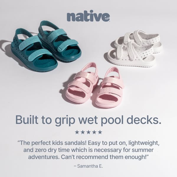 This ad showcases Native brand children's sandals in multiple colors, with a quote from a satisfied customer.