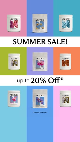 This ad promotes Needed supplements with a summer sale offering up to 20% off subscriptions. The ad features a grid layo