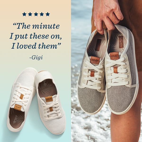 This ad features a testimonial from a customer named Gigi who loves the OluKai brand shoes. The ad shows two different s