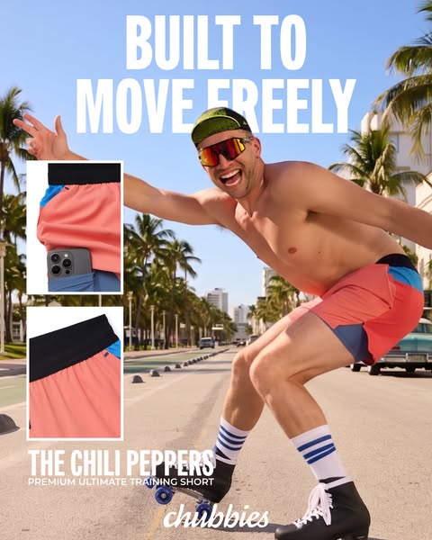 This ad showcases Chubbies training shorts on a man roller skating down a sunny street. The ad highlights the comfortabl