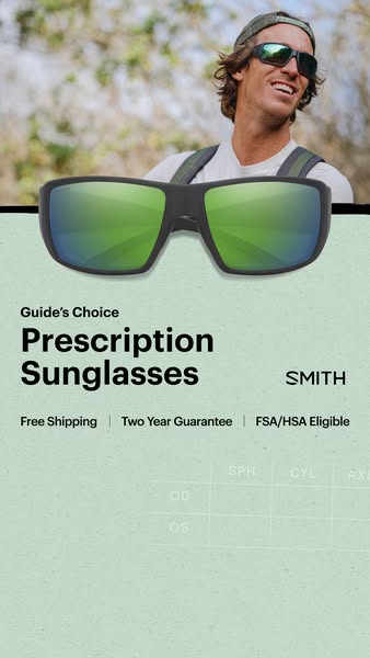 This image ad promotes prescription sunglasses from Smith, highlighting their availability with free shipping, a two-yea