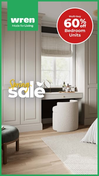 This single image ad for Wren features a bedroom interior with a large discount offer on bedroom units.