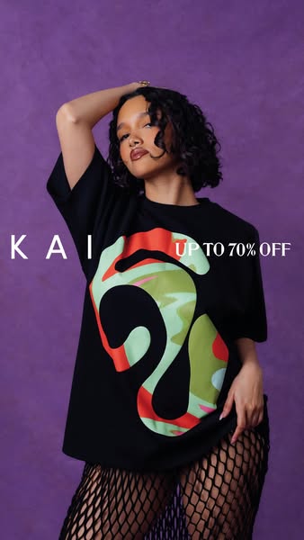 A fashion ad featuring a model wearing a printed t-shirt with the text 'UP TO 70% OFF'.