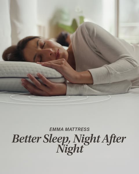 This image ad showcases the Emma Mattress pillow with the goal of promoting better sleep. The image features a woman res