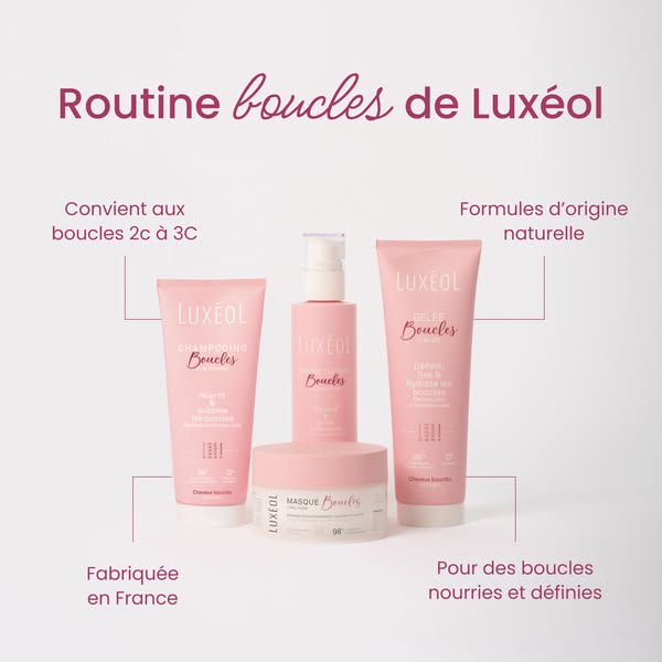 This image ad promotes Luxéol's hair care line for curly hair, emphasizing its suitability for 2c to 3c curls, its n