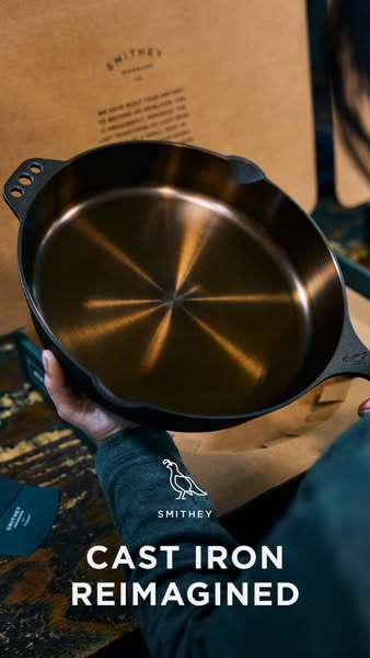 This ad showcases Smithey cast iron cookware. It highlights the brand's craftsmanship and design by featuring a sing