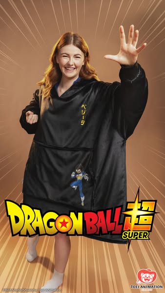 This ad promotes a wearable blanket or "Oodie" that features a prominent character graphic from the Dragon Bal