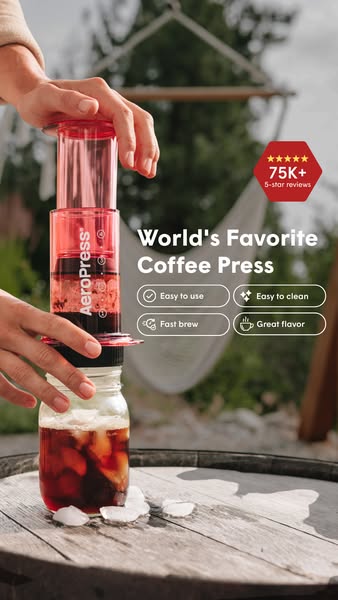 This ad showcases the AeroPress coffee press and its usage. It highlights the ease of use, fast brew time, easy cleaning