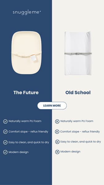 This ad compares the Snuggle Me modern baby lounger to an 'old school' alternative, highlighting the features of