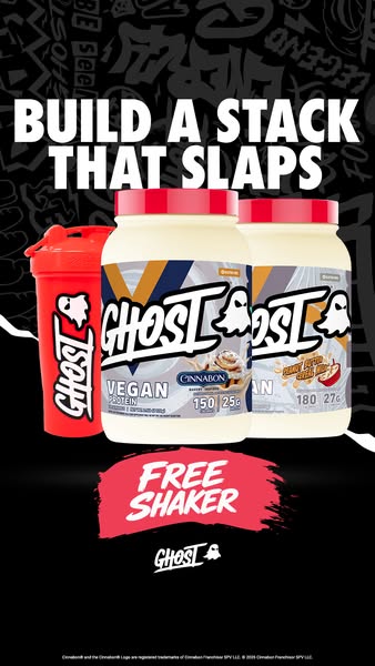 This image ad for Ghost brand protein powder promotes a deal for a free shaker with purchase of a "stack" of t