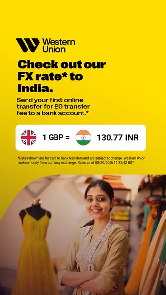This ad for Western Union promotes their FX rate to India. It claims the viewer can send their first online transfer for