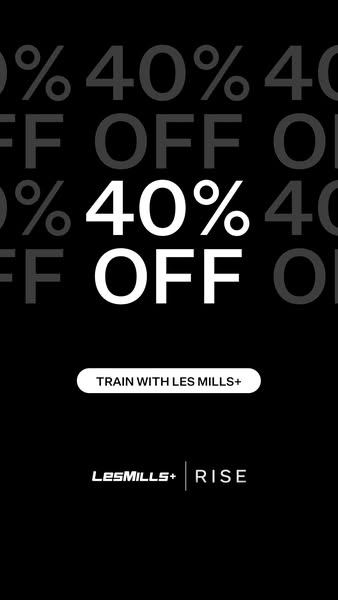This image ad is for Les Mills+ Rise and offers 40% off. The ad features the discount repeated in the background and has