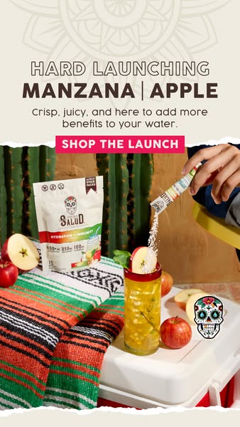 This ad introduces Salud's new Manzana Apple flavor. The ad shows the powder being added to water to create a drink,
