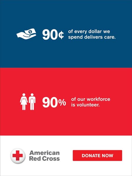 The ad visual shows the American Red Cross highlighting that 90 cents of every dollar donated delivers care, and that 90