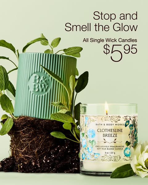 This image ad for Bath & Body Works single wick candles focuses on the 'Clothesline Breeze' scent. The creat