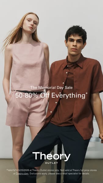 This image ad promotes Theory Outlet's Memorial Day Sale, offering 50-80% off everything. It features a stylishly dr