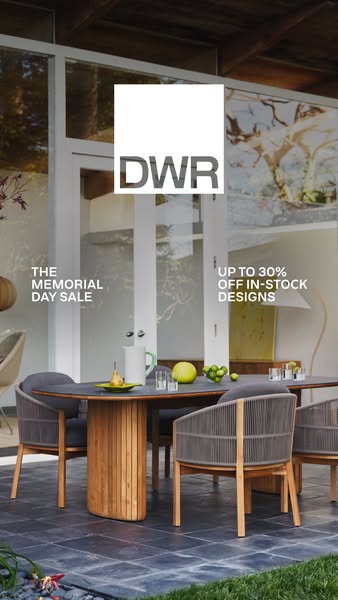 This image ad by DWR promotes their Memorial Day Sale of up to 30% off in-stock designs, featuring an outdoor dining set