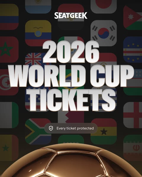 This ad promotes SeatGeek as a source for tickets to the 2026 World Cup. The ad features a background of country flag ic