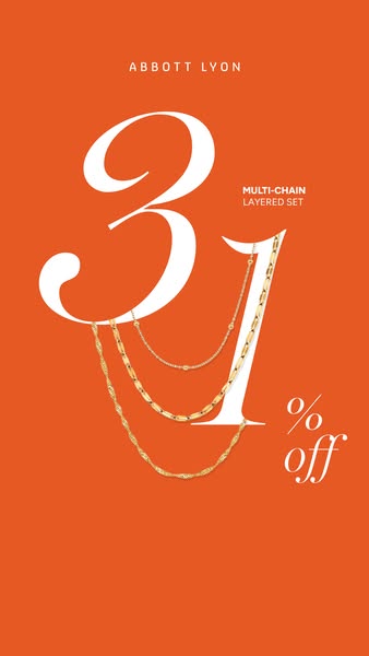 This image ad for Abbott Lyon promotes a multi-chain layered set of necklaces with a 31% discount. The ad features a cle