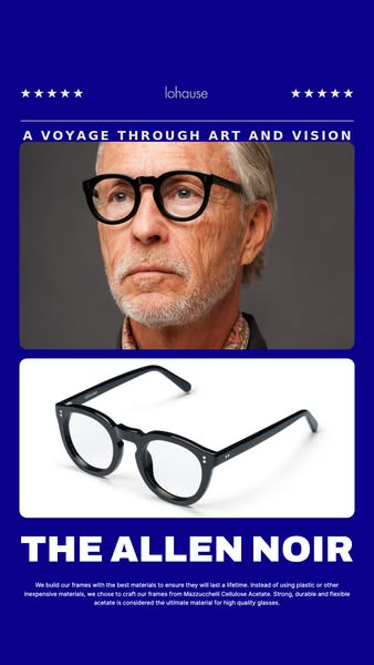 This ad features a close-up shot of a mature man wearing black Lohause glasses, followed by an image of the product alon