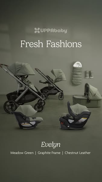 This ad showcases the UPPAbaby brand and the new Evelyn colorway which features meadow green, graphite frame and chestnu