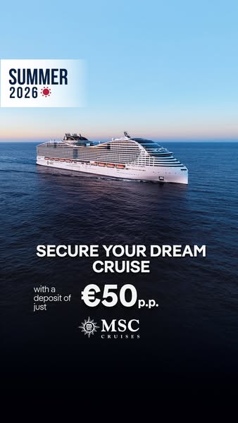 The image ad promotes MSC Cruises for summer 2026 with a deposit of just €50. The ad shows a cruise ship in the ocean on