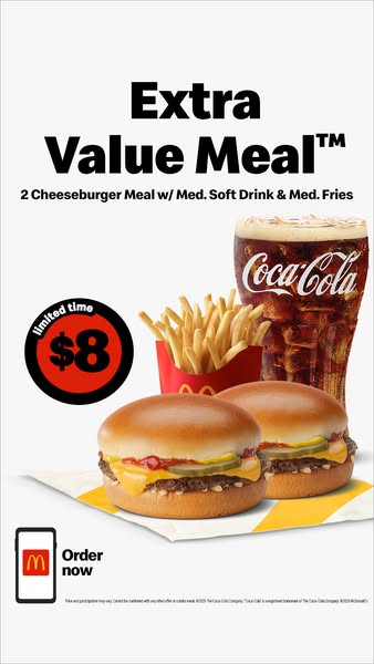 This image ad promotes McDonald's Extra Value Meal which includes two cheeseburgers, medium soft drink, and medium f