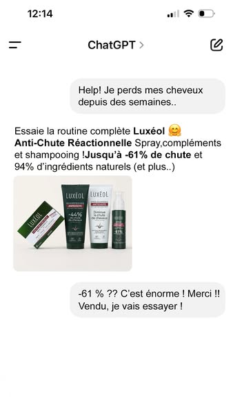 This ad shows a social media chat with a person complaining about their hair falling out and receiving a product recomme
