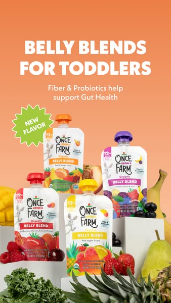 This image ad showcases Once Upon a Farm's Belly Blends pouches for toddlers, highlighting the fiber and probiotic b