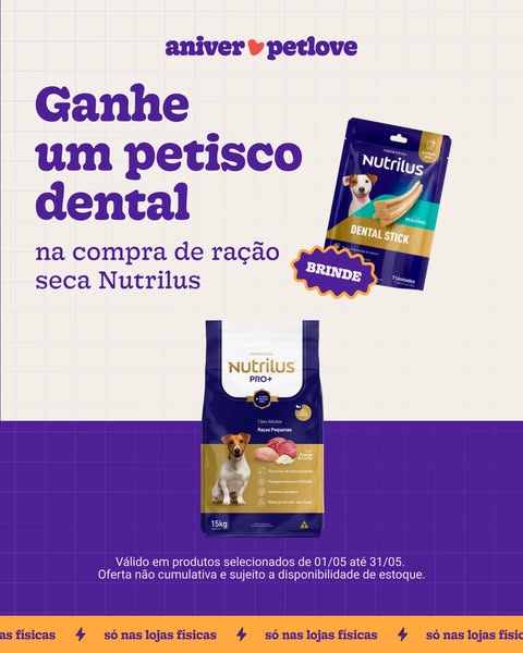 The ad promotes Nutrilus dog food with an offer of a free dental stick with the purchase of dry dog food. The overall de