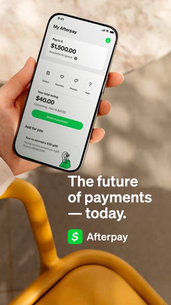 This ad promotes Afterpay, a service that allows users to pay in installments. The ad features a hand holding a phone di