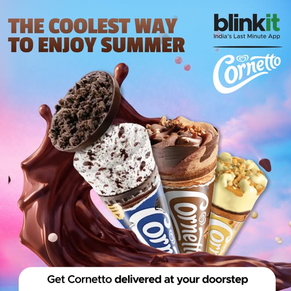 This image ad promotes Cornetto ice cream cones, highlighting their variety and availability for delivery via the Blinki