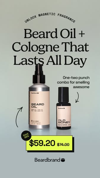 This ad showcases Beardbrand's beard oil and cologne as a combo for smelling awesome all day. It highlights a 20% di