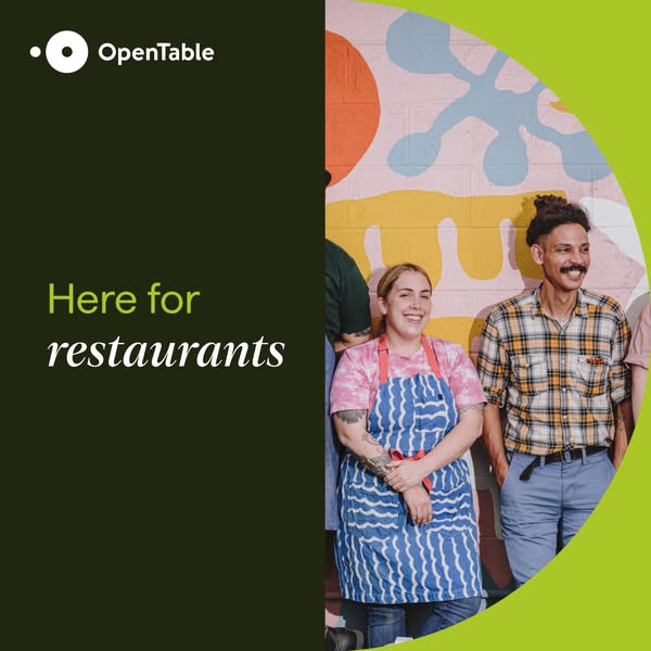 This image ad for OpenTable features a group of restaurant workers standing in front of a colorful mural. The ad highlig