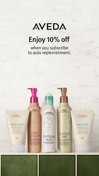 This ad promotes Aveda products and offers a discount of 10% when subscribing to auto replenishment. The ad features fiv