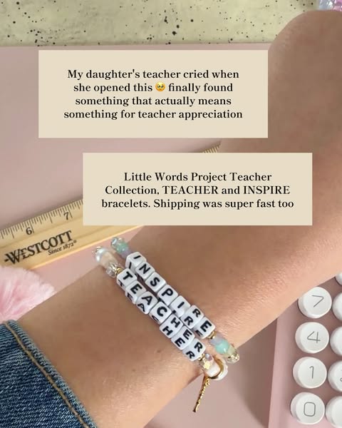 This image ad features Little Words Project bracelets presented in a flat lay scene that includes a ruler, calculator, a