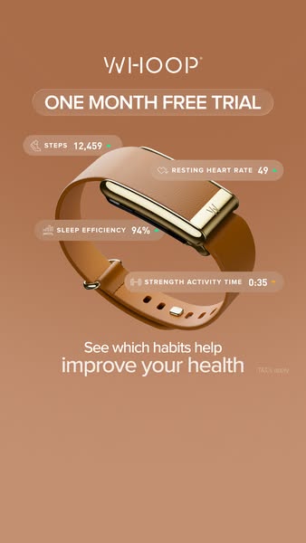 This image ad promotes a one-month free trial of the Whoop fitness tracker. The ad shows a Whoop band and highlights fit