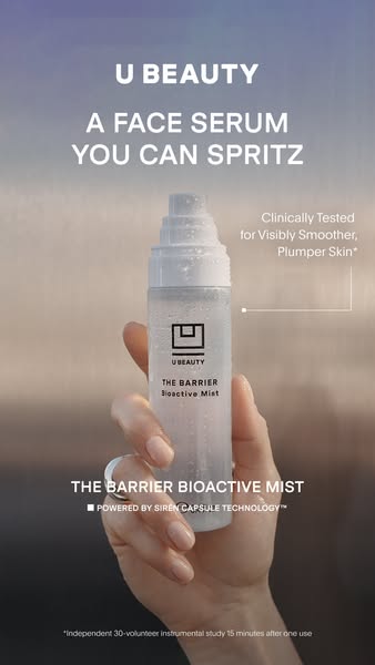 This U Beauty ad promotes the brand's Barrier Bioactive Mist by presenting it as a face serum you can spritz on your
