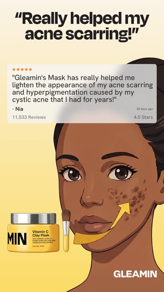 This ad promotes Gleamin's Vitamin C Clay Mask as a solution for acne scarring and hyperpigmentation. It uses a cust
