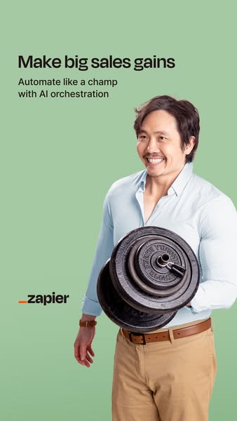 This ad uses the visual metaphor of weightlifting to suggest that Zapier can help users achieve big sales gains through 