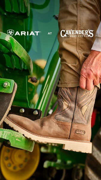 This ad features Ariat work boots being used in a rural, agricultural setting, emphasizing their practicality and durabi