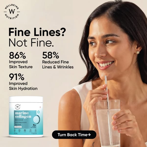 This ad promotes Wellbeing Nutrition's Marine Collagen supplement as a solution for fine lines and wrinkles, highlig