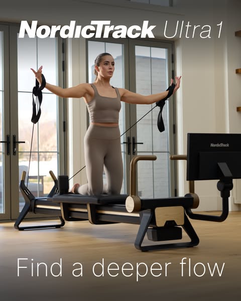 This ad showcases the NordicTrack Ultra 1 Pilates machine, featuring a woman demonstrating its use in a bright, modern h