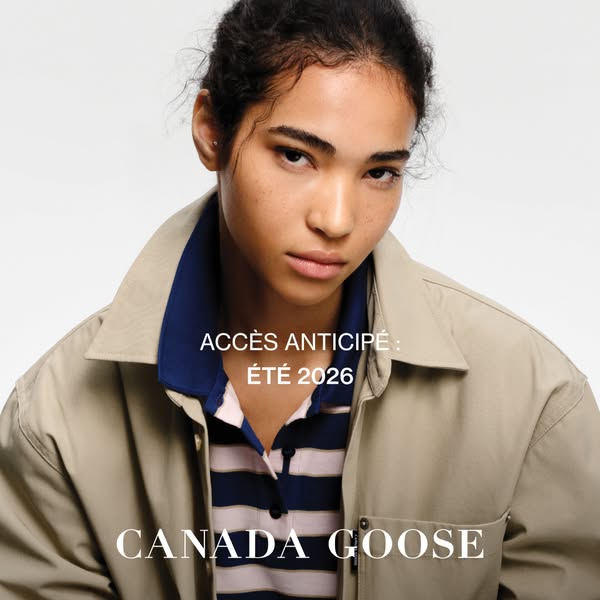 This ad features a close-up shot of a model wearing a Canada Goose jacket, promoting early access to the brand's Sum